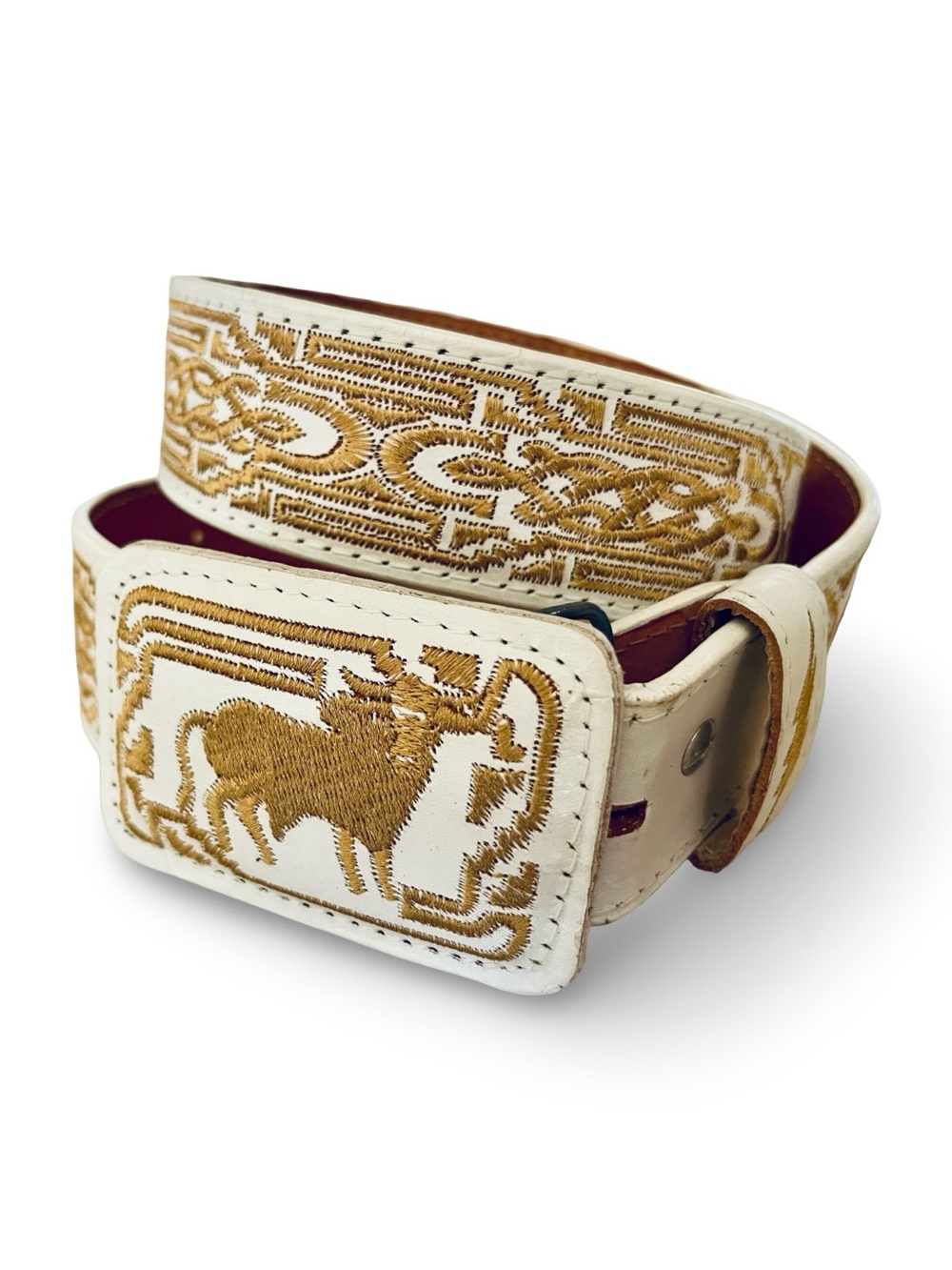 Mexican White Embroidered Leather Cowboy Belt Cinto Vaquero Cebu Bull Charro 38
